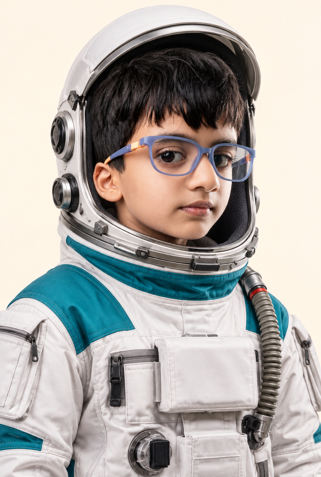 Commander Cheeku in a white and blue astronaut suit